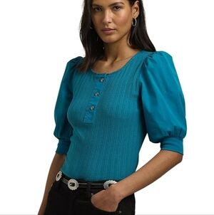 Lauren Ralph Lauren pointelle Puff Sleeve Henkey Tee. Blue Teal. NWT  XL